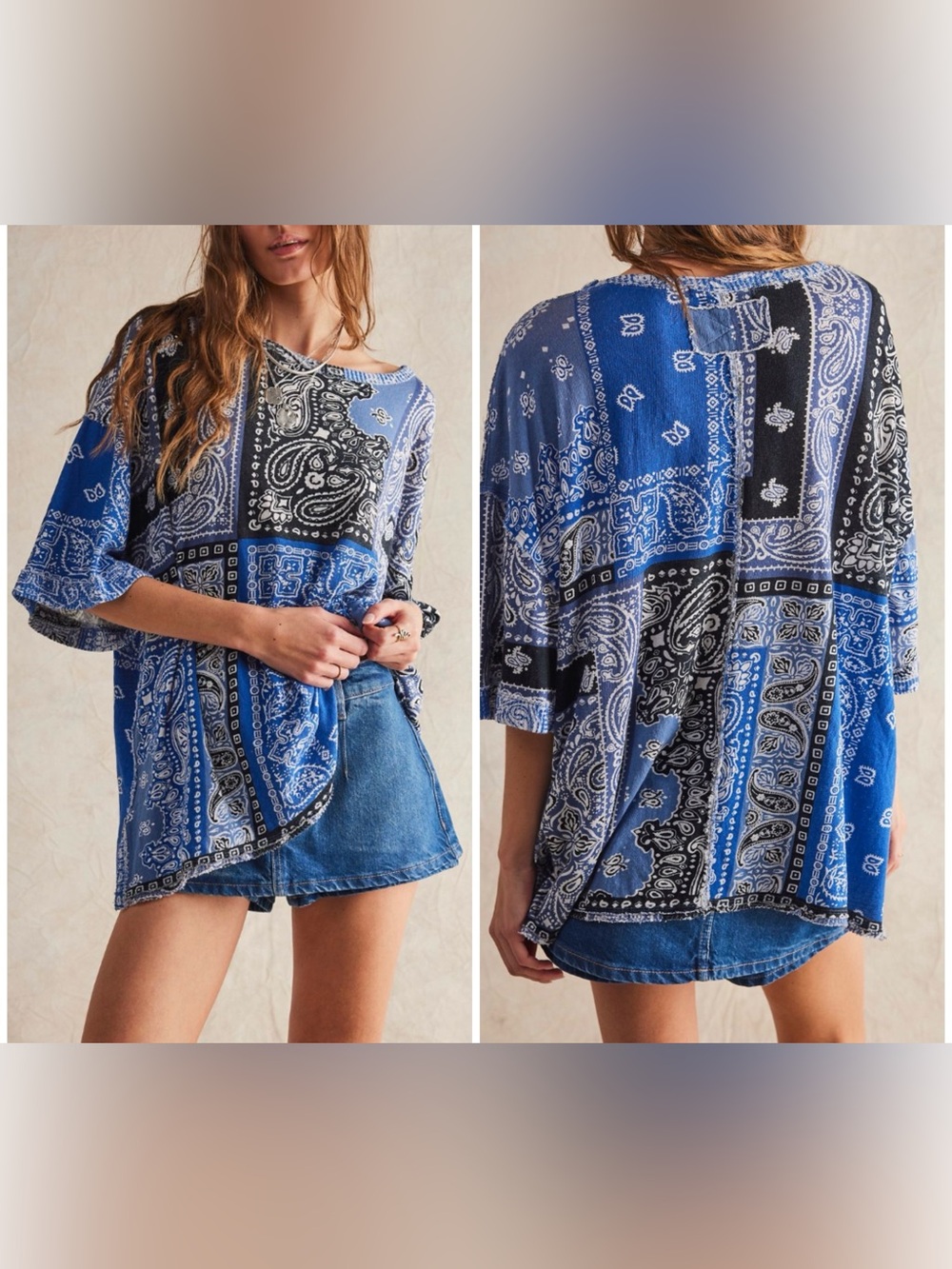 Free People Blue Black Paisley Patchwork Short Sleeve Tee NWOT